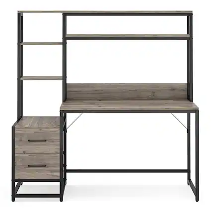 Front. Resenkos - Kadyn Study Writing Desk, Computer Desk,60" Tall Computer Desk Writing Table with 2 Drawers and Storage Shelves,Gray - Gray.