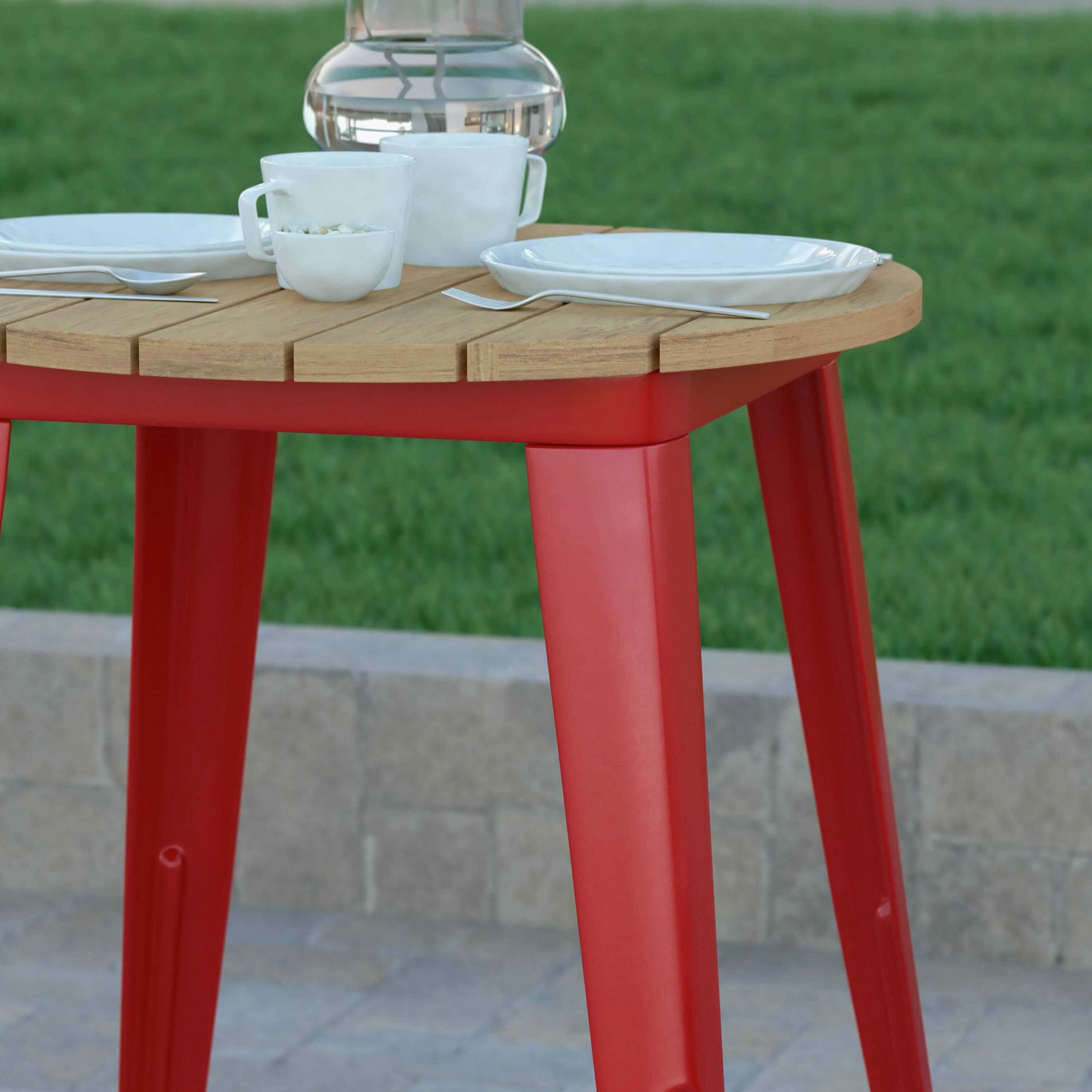 Alt View 4. Emma + Oliver - Drew Indoor/Outdoor Dining Table, 23.75" Round All Weather Poly Resin Top with Steel Base - Brown Top/Red Frame.