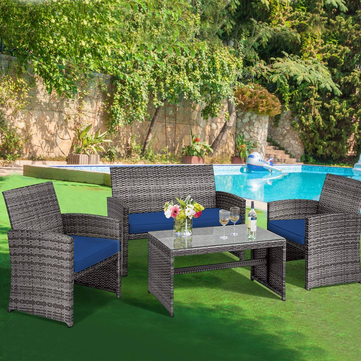 Alt View 3. Costway - Costway 4PCS Patio Rattan Furniture Set Conversation Glass Table Top Sofa Cushioned - Navy.
