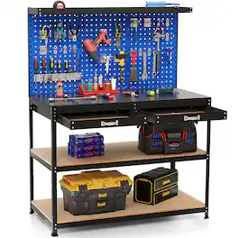 Costway - 48" x 24" Workbench Heavy-Duty WorkTable with 3 PCs Pegboard Drawer & Shelves - Navy