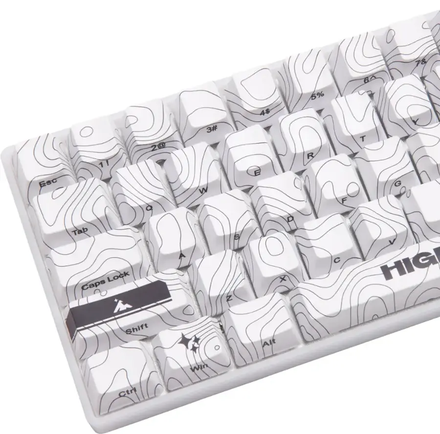 The image features a white keyboard with a unique design, including a map-like pattern on the keys. The keyboard has a distinctive appearance, making it stand out from typical keyboards. The keys are arranged in a way that may be different from standard keyboards, and the overall design adds a creative touch to the device.