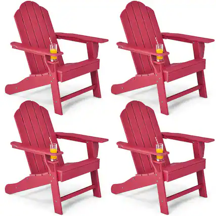 Front. Costway - 4 PCS Patio Adirondack Chair Weather Resistant Garden Deck with Cup Holder - Red.