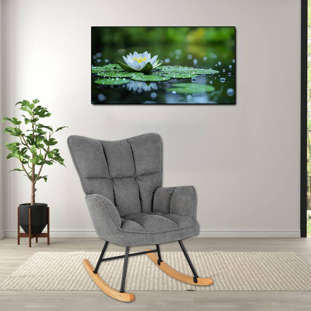 Front. Hivvago - Modern Linen Upholstered Rocking Chair with High Back - Gray.