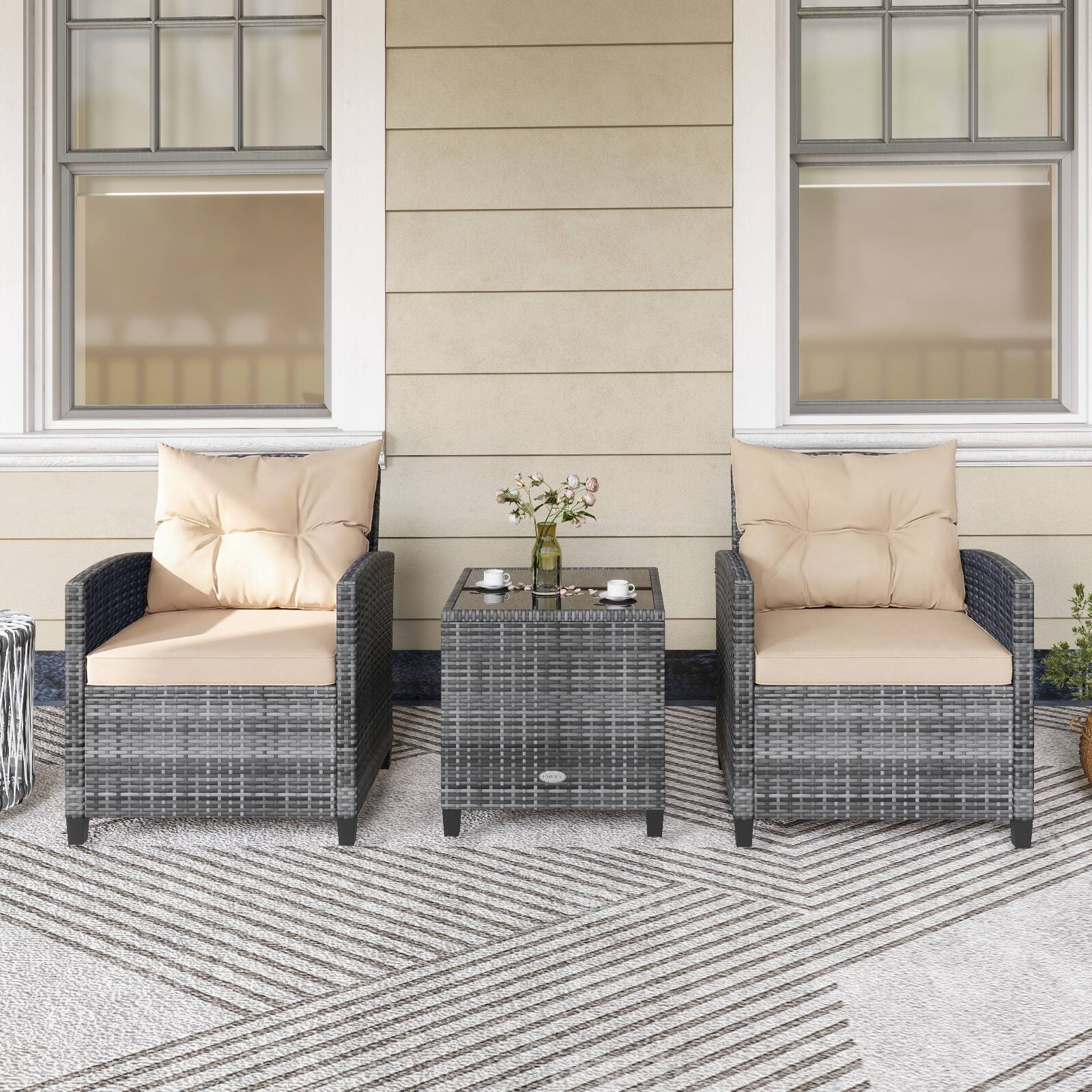 Alt View 3. Gymax - Gymax 3PCS Patio Rattan Furniture Bistro Set Cushioned Sofas Side Table Armrest - Grey.