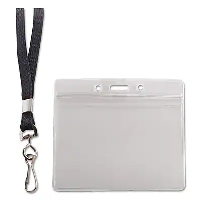 Front. Advantus - Advantus Resealable Id Badge Holder with Lanyard, Horizontal, 3 3/4" x 2 5/8", Clear, 20/Pack (91132) - Black and Clear.