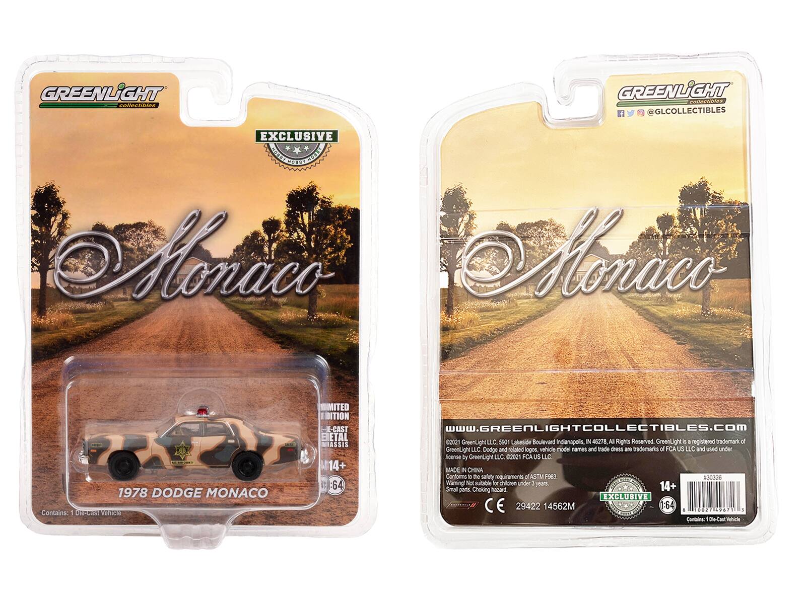 GREENLIGHT collectibles  
@GLCOLLECTIBLES  

EXCLUSIVE  
1978 DODGE MONACO  
Contains: 1 Die-Cast Vehicle  
LIMITED EDITION CAST METAL  
14+  
1:64  

www.GREENLIGHTCOLLECTIBLES.com  
GreenLight LLC, 5901 Lakeside Boulevard, Indianapolis, IN 46278. All Rights Reserved. GreenLight is a registered trademark of GreenLight LLC. Dodge and related logos, vehicle model names and trade dress are trademarks of FCA US LLC and used under license by GreenLight LLC. 2021 FCA US LLC.  
MADE IN CHINA  
Conforms to the safety requirements of ASTM F963  
WARNING: Not suitable for children under 3 years. Small parts. Choking hazard.  
CE 29422 14562M  

EXCLUSIVE  
14+  
1:64  
Contains: 1 Die-Cast Vehicle