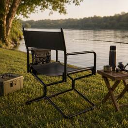 Anysun - 21" Leather Heavy Duty Folding Camping Chair for Adults – Portable Outdoor Seat for Lawn, Fishing, Courtyard & Daily Use - Black
