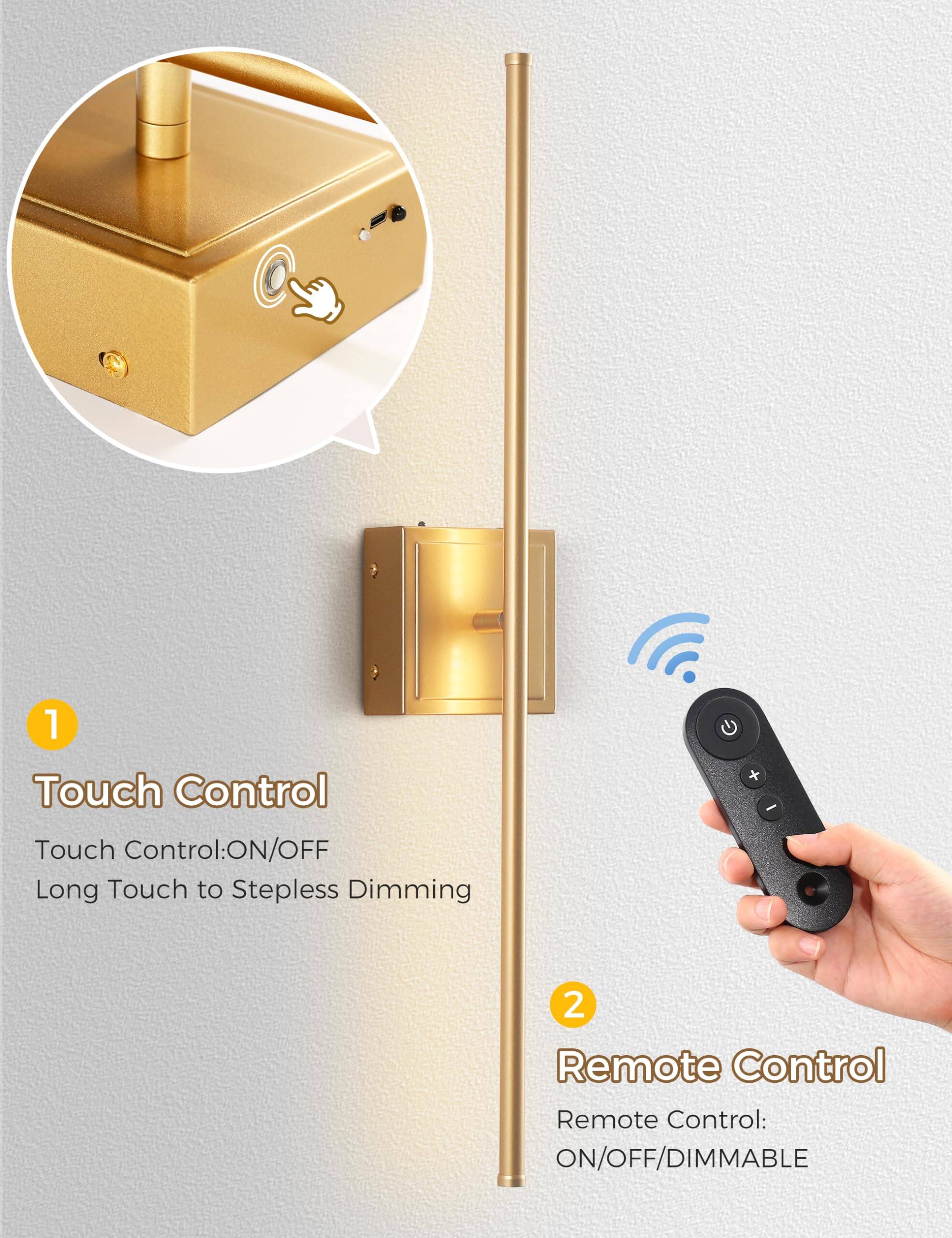 1. Touch Control  
   Touch Control: ON/OFF  
   Long Touch to Stepless Dimming  

2. Remote Control  
   Remote Control: ON/OFF/DIMMABLE