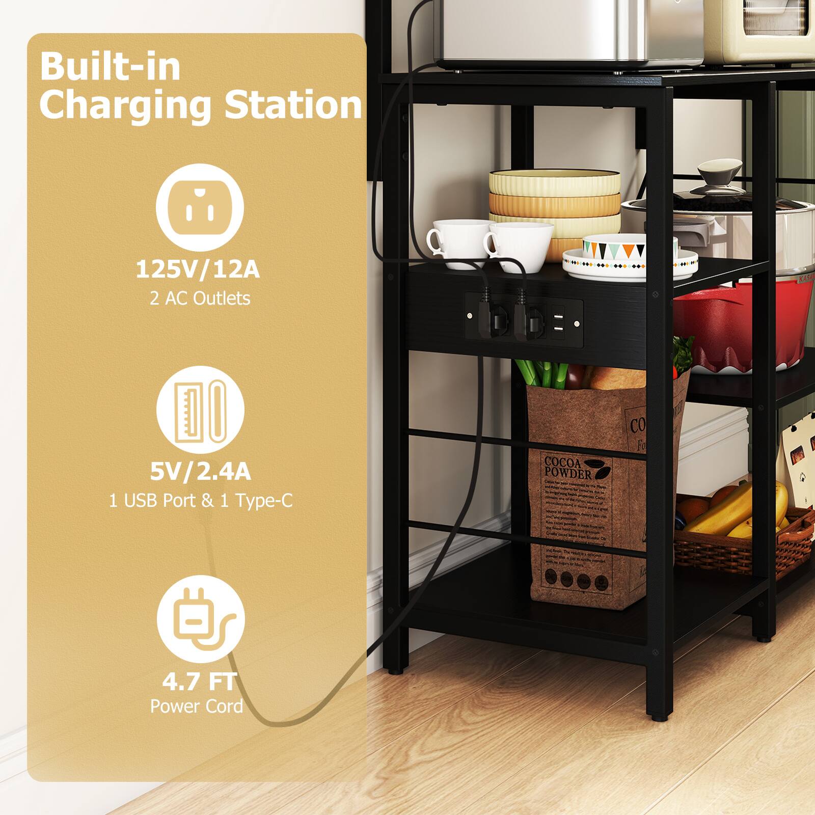Built-in Charging Station

125V/12A  
2 AC Outlets

5V/2.4A  
1 USB Port & 1 Type-C

4.7 FT Power Cord