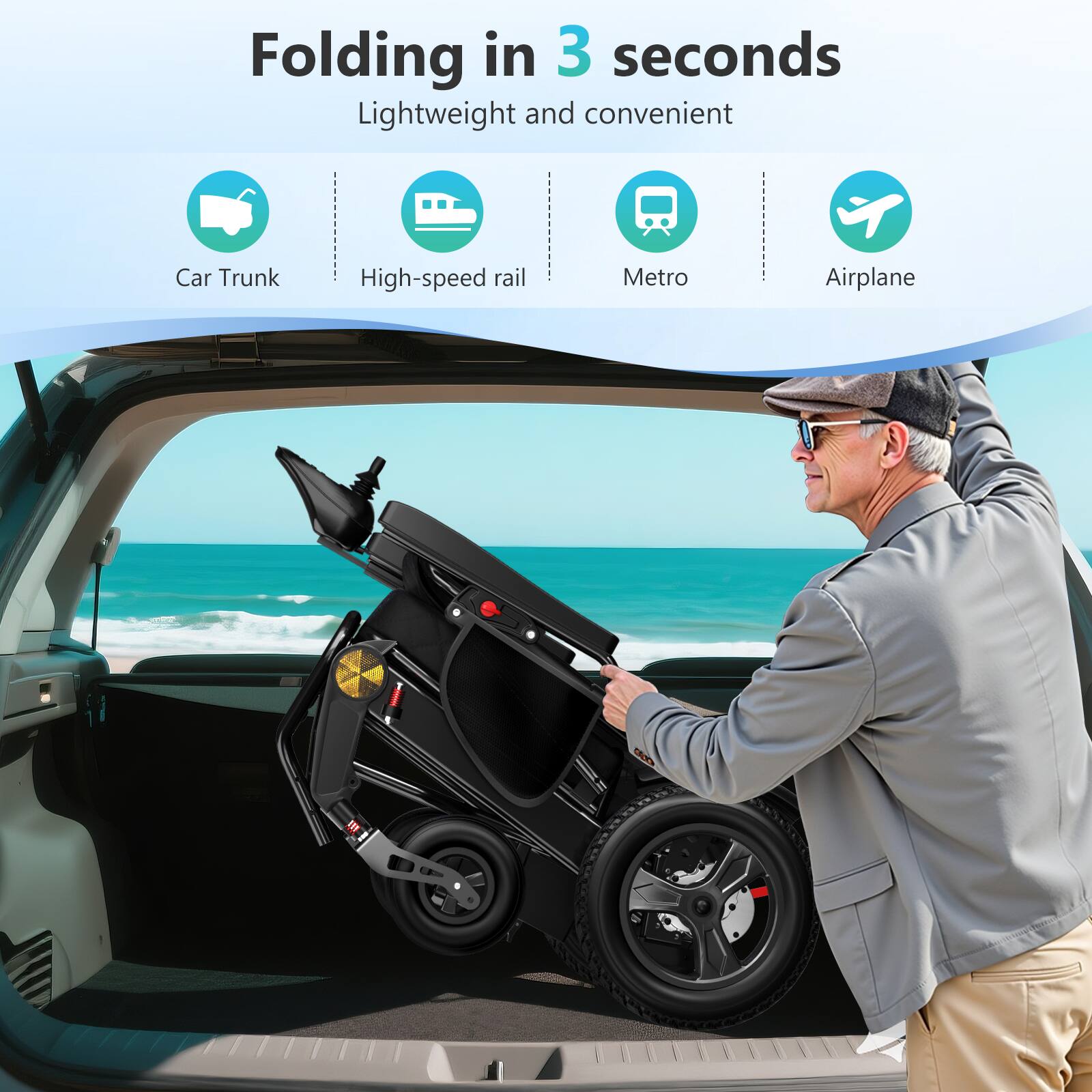 Folding in 3 seconds, Lightweight and convenient, Car Trunk, High-speed rail, Metro, Airplane