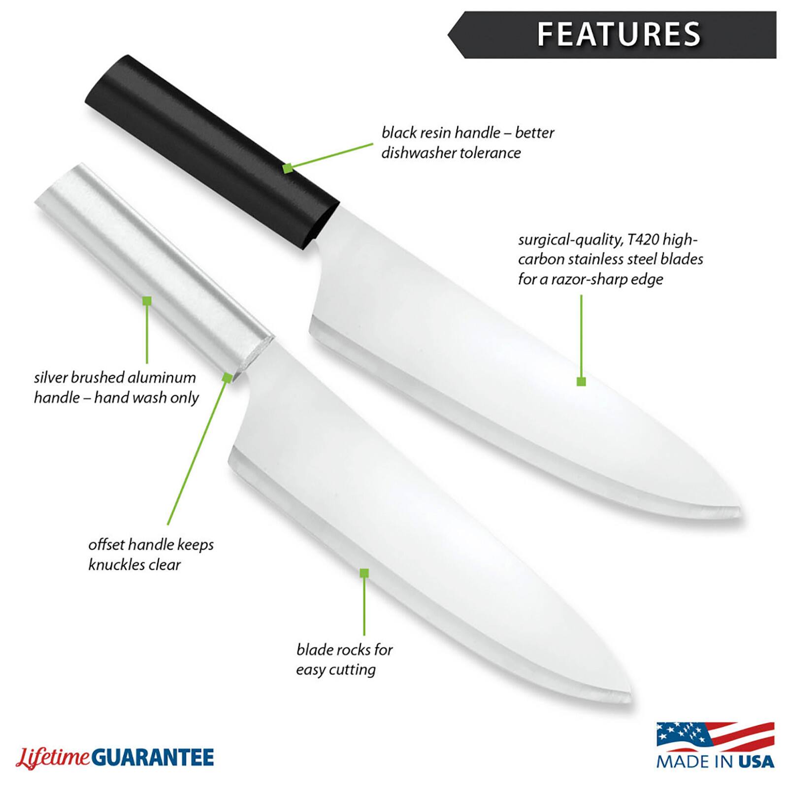 FEATURES
- black resin handle – better dishwasher tolerance
- surgical-quality, T420 high-carbon stainless steel blades for a razor-sharp edge
- silver brushed aluminum handle – hand wash only
- offset handle keeps knuckles clear
- blade rocks for easy cutting

Lifetime GUARANTEE
MADE IN USA