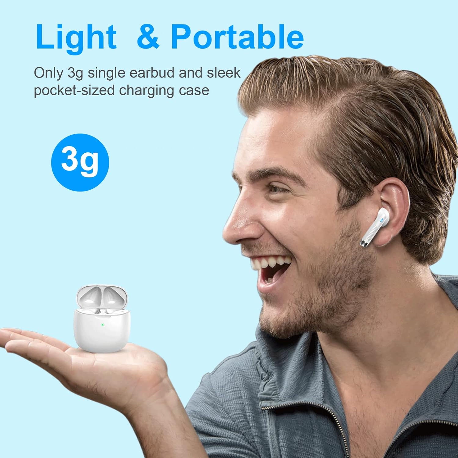 Light & Portable  
Only 3g single earbud and sleek pocket-sized charging case
