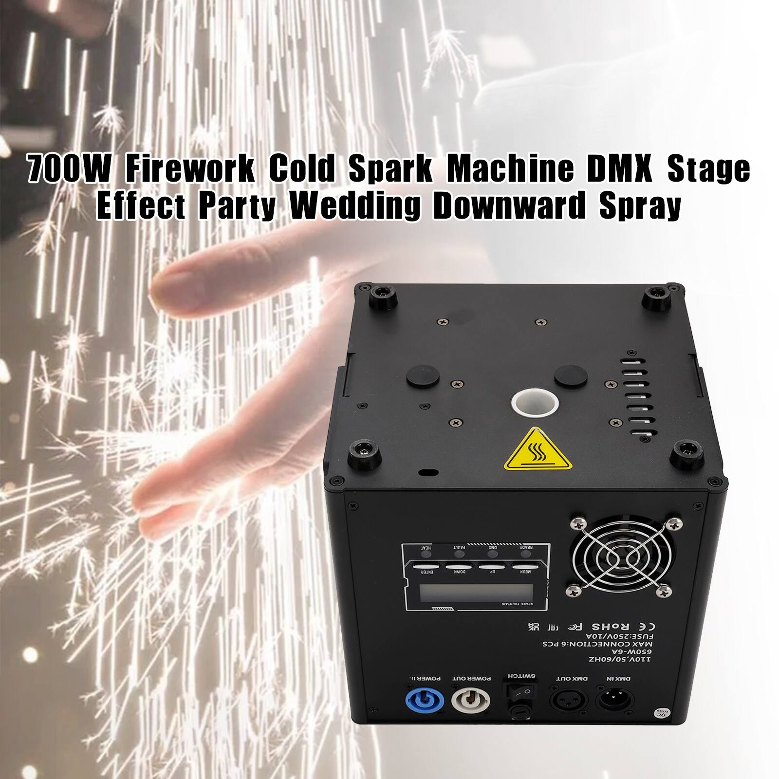 700W Firework Cold Spark Machine DMX Stage Effect Party Wedding Downward Spray

- ID: TK jbs RF ROHS
- FUSE: 250V/10A
- CONNECTION: MAX 6A
- ZH05/0511T
- MADE IN CHINA