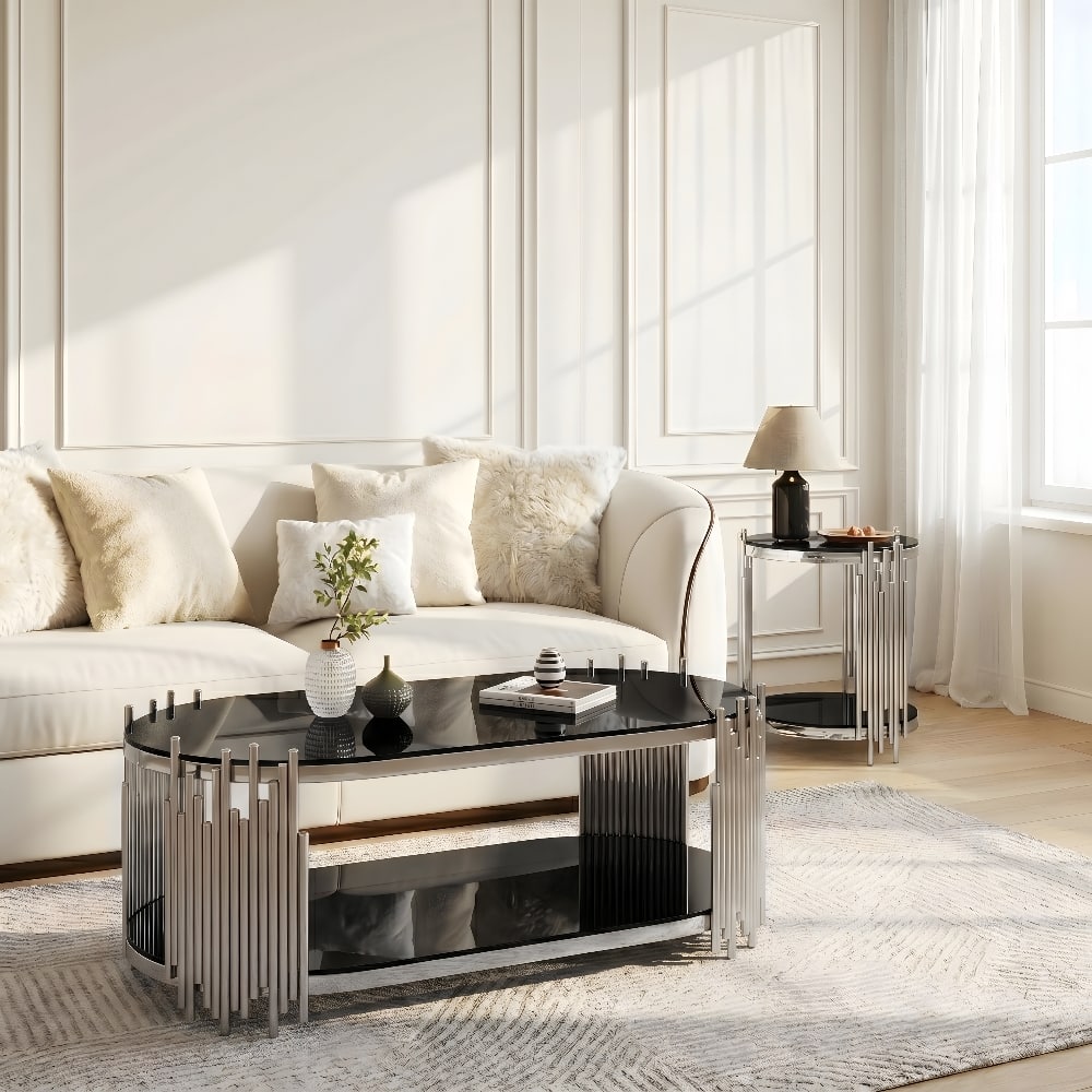 Loheer - Modern Luxury Coffee Table Oval Glass Nesting Set - Black price history on PriceWatchPro
