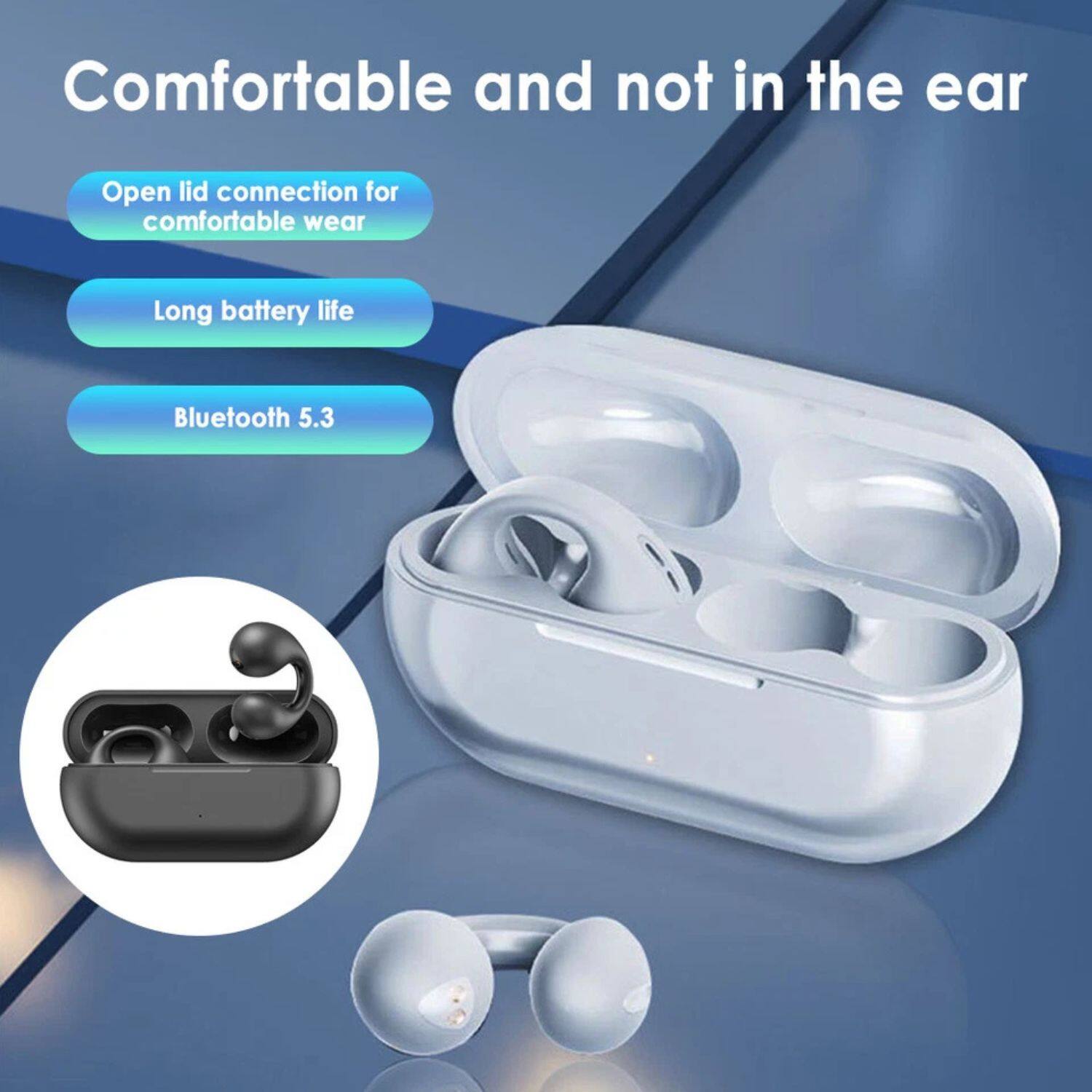 Comfortable and not in the ear

- Open lid connection for comfortable wear
- Long battery life
- Bluetooth 5.3