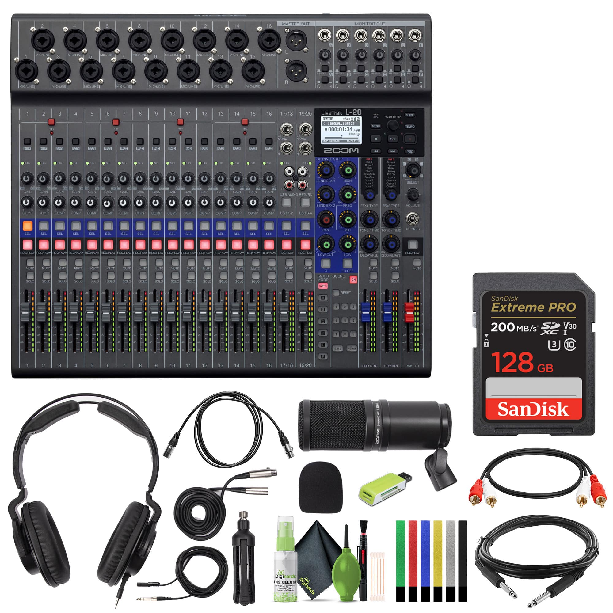 Zoom - LiveTrak L-20 Digital Mixer & Multitrack Recorder with Headphones and More Bundle