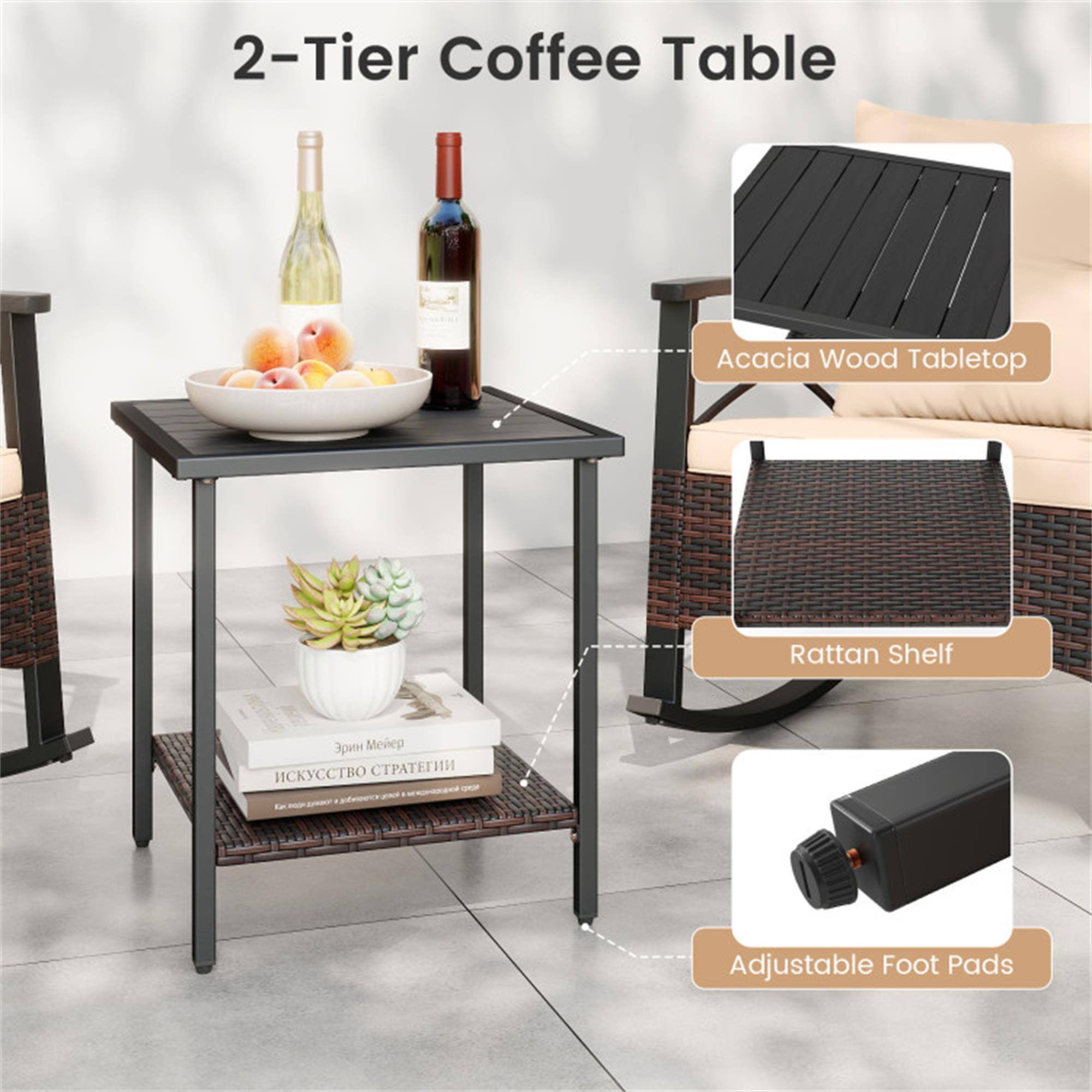 2-Tier Coffee Table  
Acacia Wood Tabletop  
Rattan Shelf  
Adjustable Foot Pads