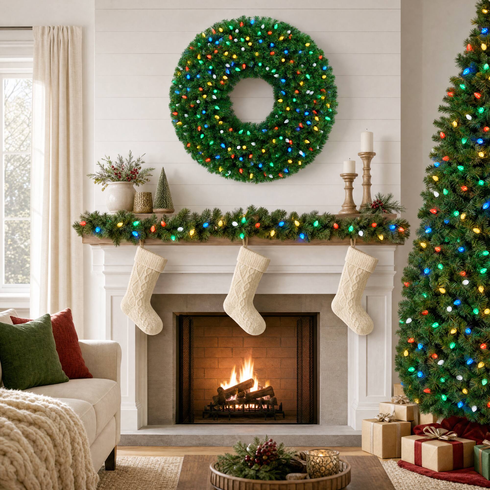 Alt View 7. Best Choice Products - Best Choice Products 48in Large Artificial Pre-Lit Christmas Wreath w/ Twinkling C7 Bulbs Nostalgic Spruce w/ 200 LEDs - Green.