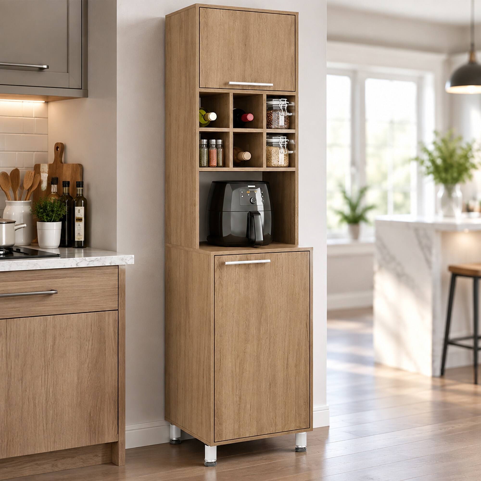Front. RYHNUYNE - Freestanding 80 Inch Double Door Kitchen Pantry Cabinet with 6 Cubbies and 4 Interior Shelves, Tall Storage - Light Oak.