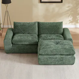 Loheer - Modern Minimalist Chenille Sectional Sofa with Ottoman Spacious Living Room Couch for Apartments - Green