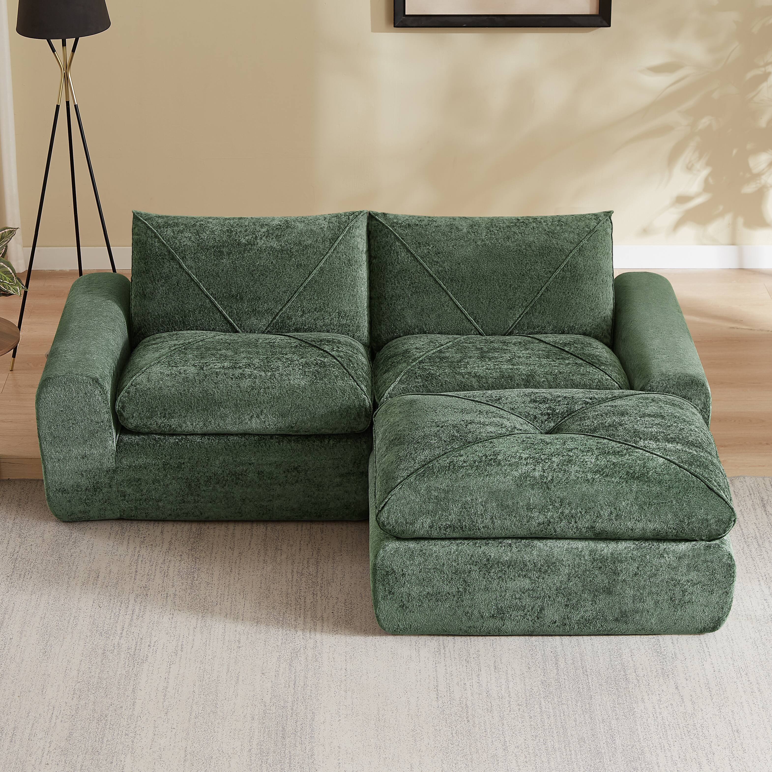 Front. Loheer - Loheer Modern Minimalist Chenille Sectional Sofa with Ottoman Spacious Living Room Couch for Apartments - Green.