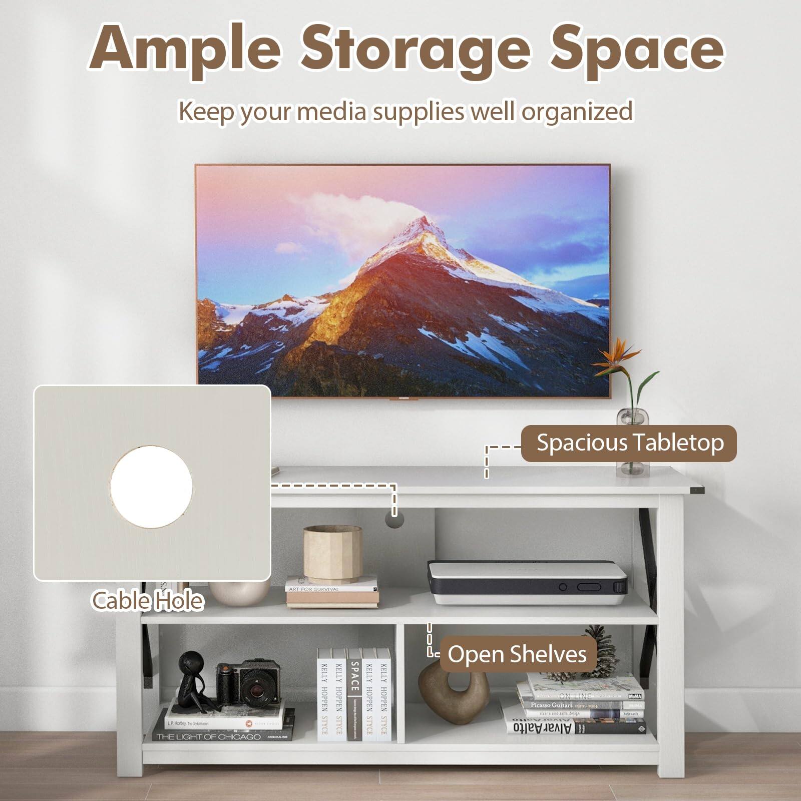 Ample Storage Space  
Keep your media supplies well organized  

Spacious Tabletop  
Cable Hole  
Open Shelves