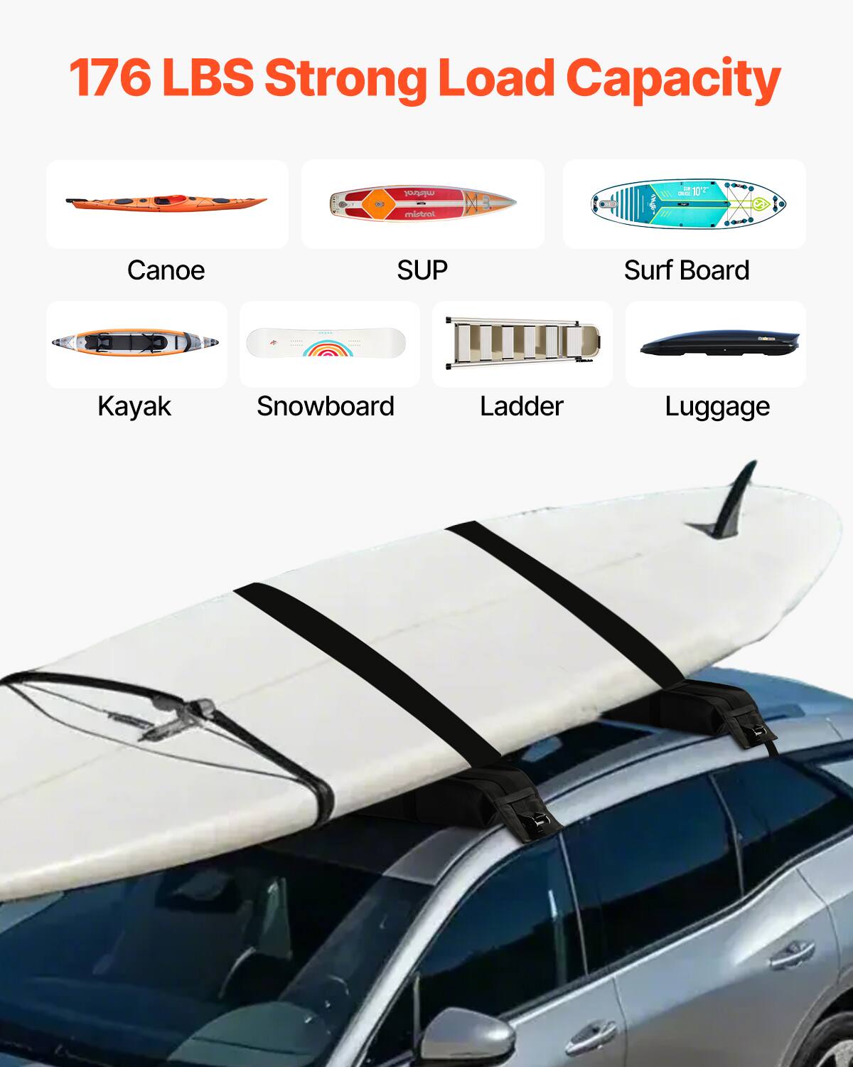 176 LBS Strong Load Capacity

Canoe  
SUP  
Surf Board  
Kayak  
Snowboard  
Ladder  
Luggage