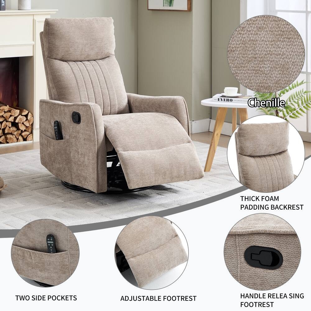 - Chenille
- Thick foam padding backrest
- Two side pockets
- Adjustable footrest
- Handle releasing footrest