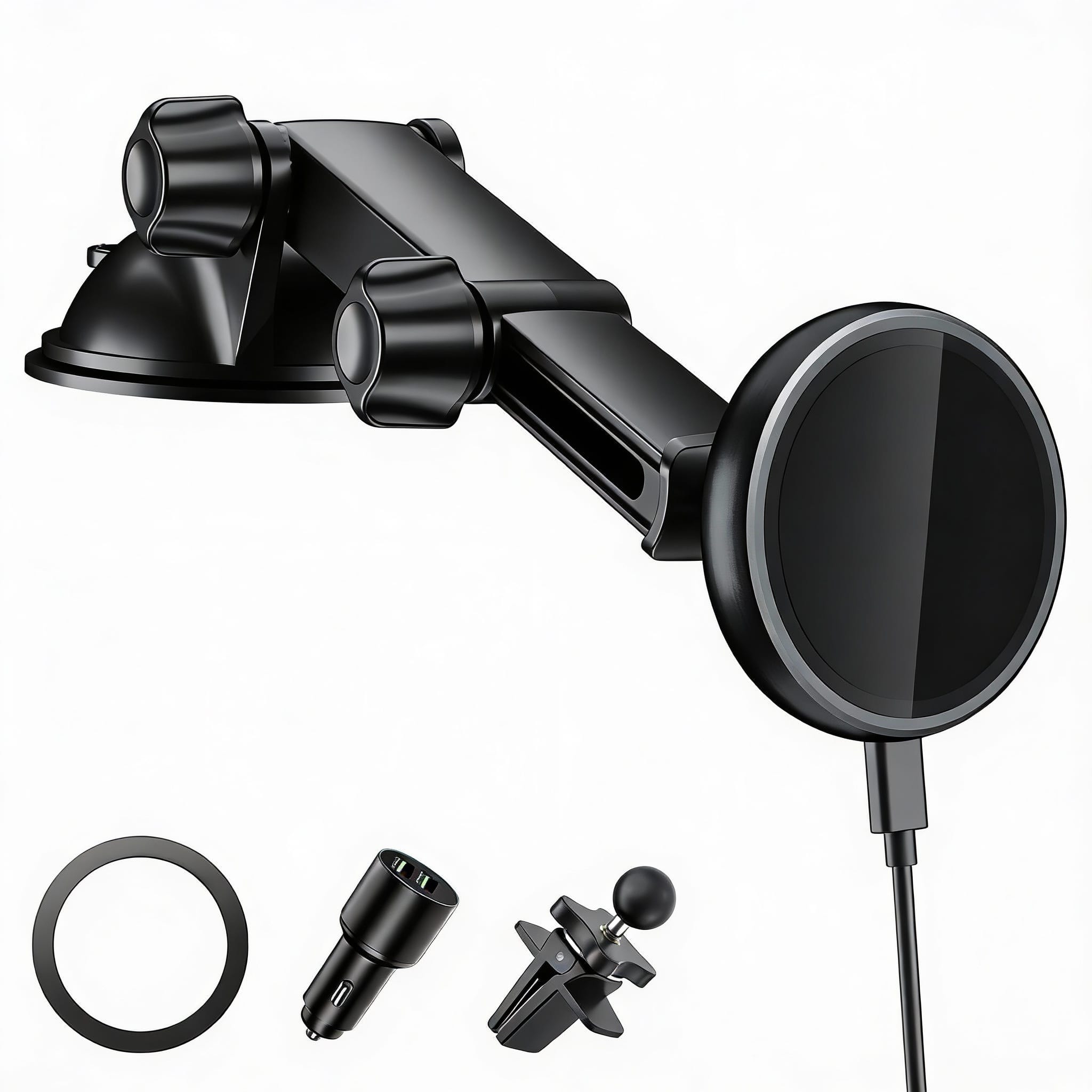 METALTON - For Magsafe Car Mount Magnetic Wireless Fast Charging Iphone16 Pro Max Plus Mini 3 in 1 Vent dash windshiel - Black-QC 3.0 Adapter