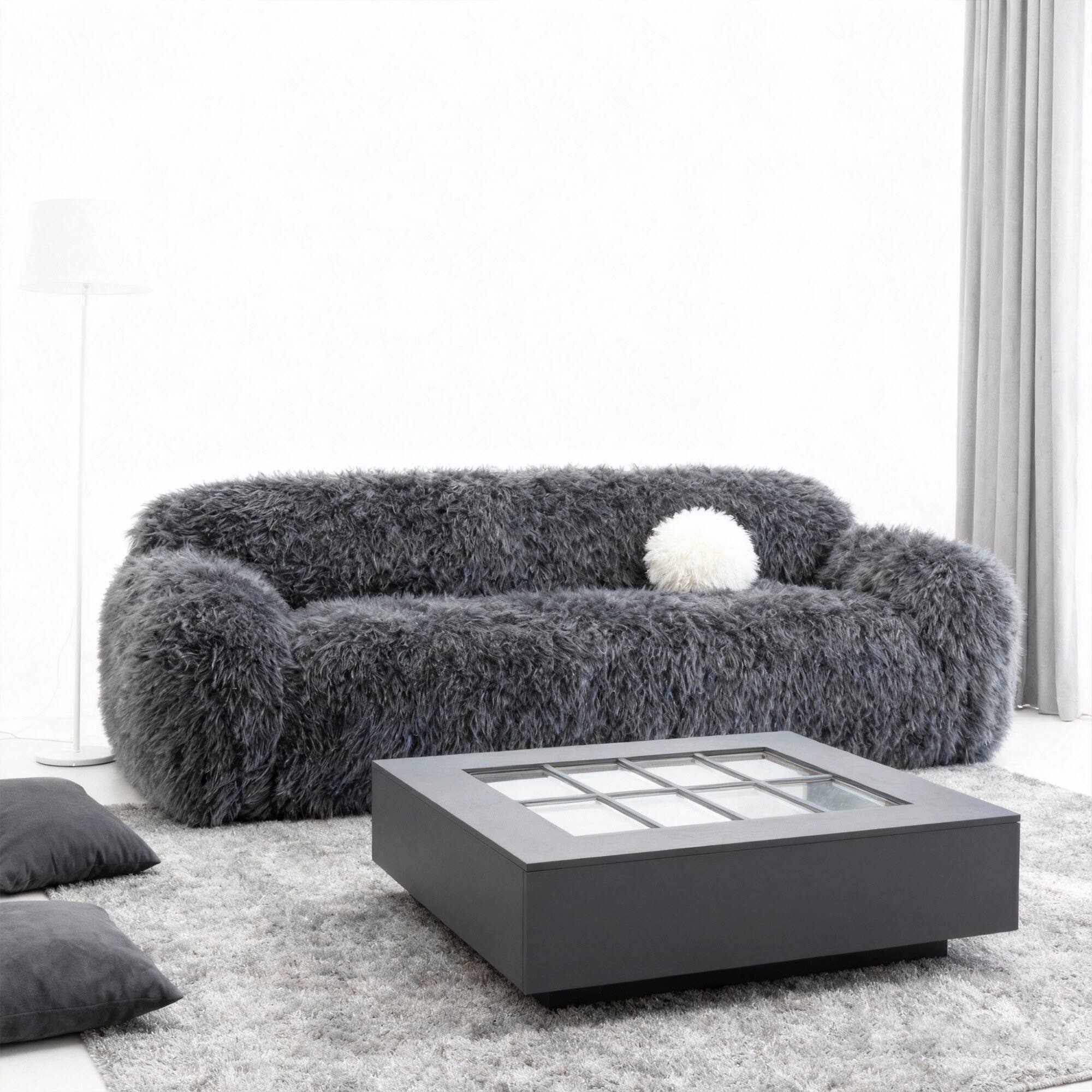 Left. Vaczon - 3-Seater Plush Faux Fur Sofa with Soft Long Pile and Luxurious Comfort for Living Rooms or Apartments - Dark Gray.