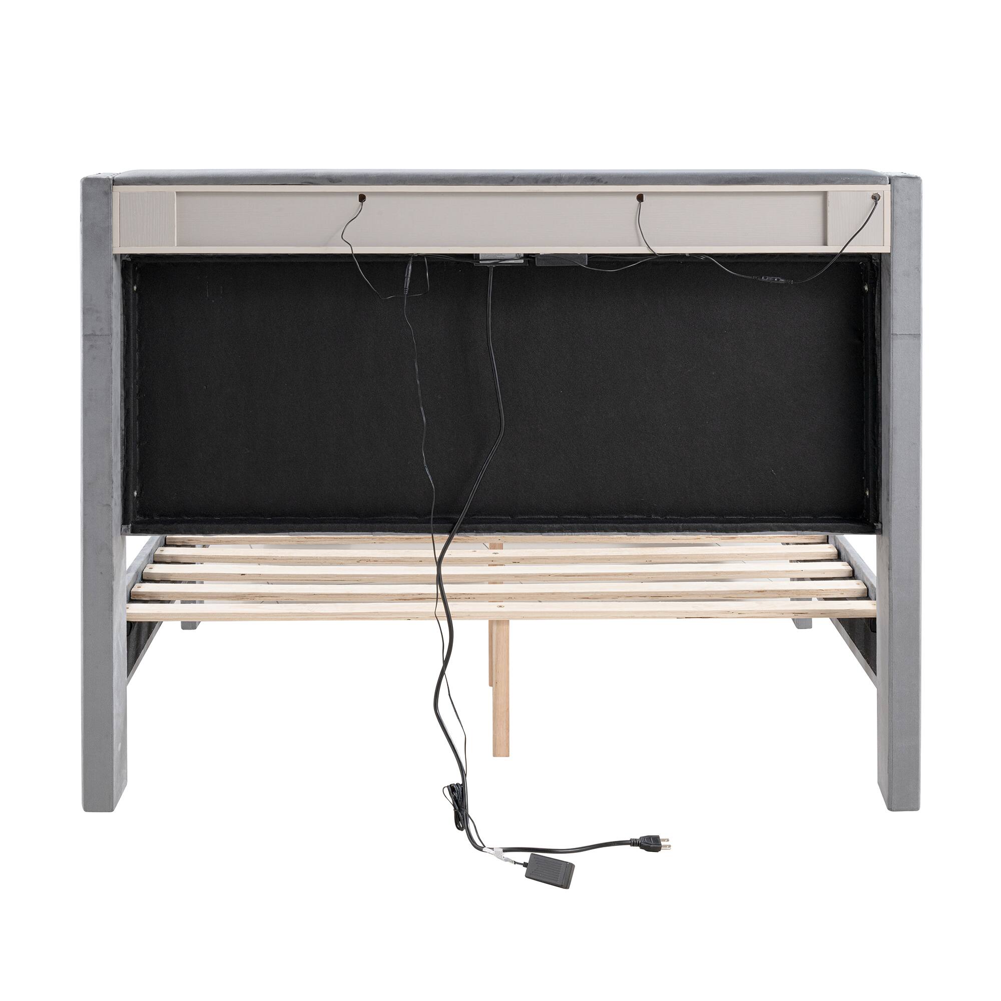 Back. Vaczon - Full Platform Bed with USB & Power Outlets, Fabric Headboard Solid Wood Frame, Modern Bedroom Furniture - Dark Gray.