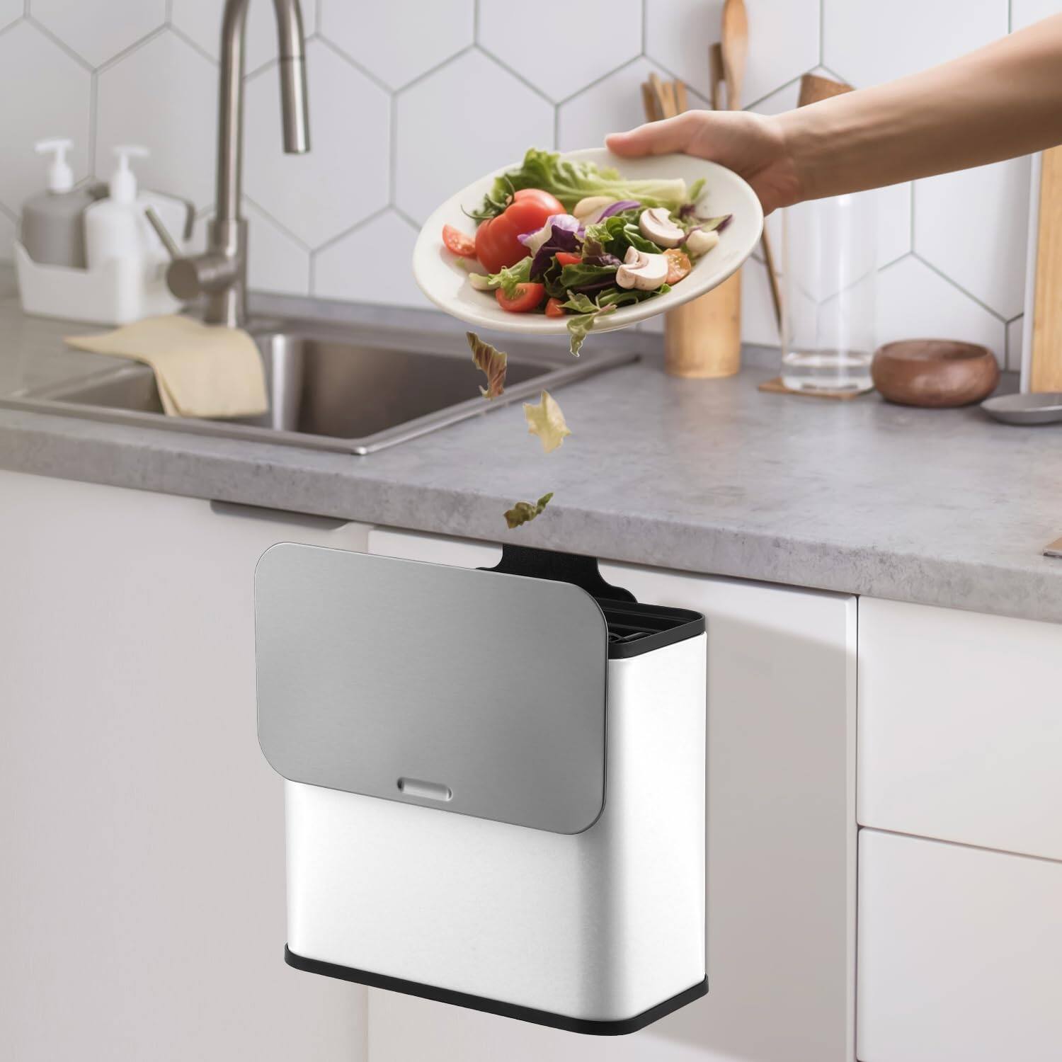 Alt View 1. Acekool - 1.3 Gallon/5L Hanging Small Trash Can, Stainless Steel Garbage Can with Lid.