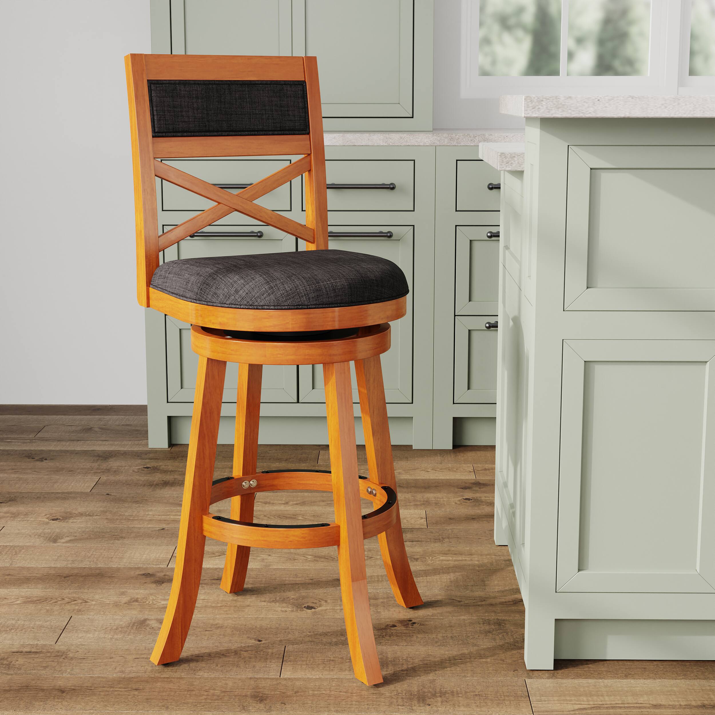 Alt View 6. APRILSOUL - 30 Bar Height XBack Swivel Stool Natural Finish Charcoal Fabric Seat - White.