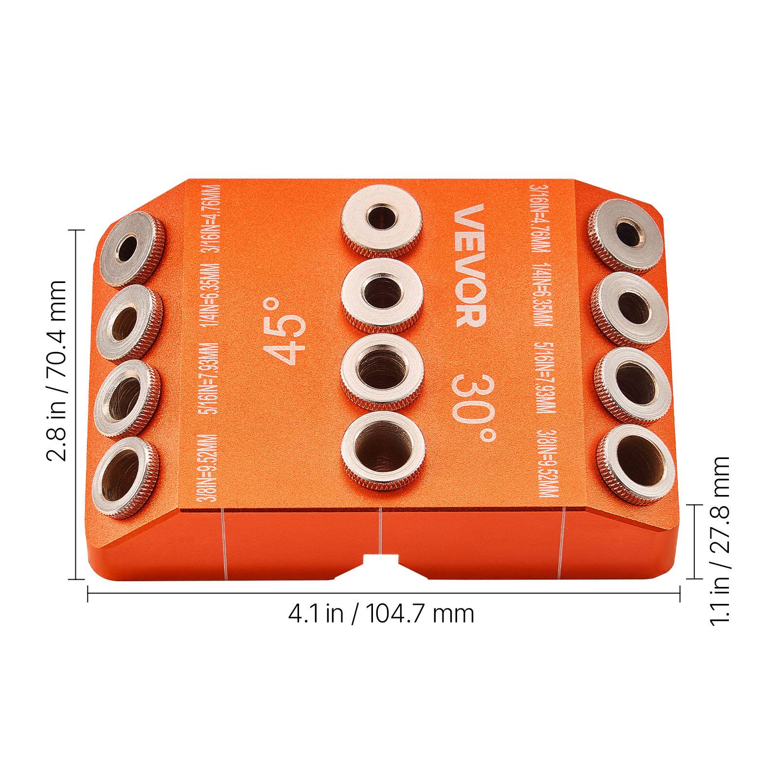Sure, here is the corrected and grouped text:

- **VEVOR**
- **30°**
- **45°**
- **2.8 in / 70.4 mm**
- **4.1 in / 104.7 mm**
- **1.1 in / 27.8 mm**
- **3/16 in = 4.76 mm**
- **1/4 in = 6.35 mm**
- **5/16 in = 7.93 mm**
- **3/8 in = 9.52 mm**
- **3/16 in = 4.76 mm**
- **1/4 in = 6.35 mm**
- **5/16 in = 7.93 mm**
- **3/8 in = 9.52 mm**