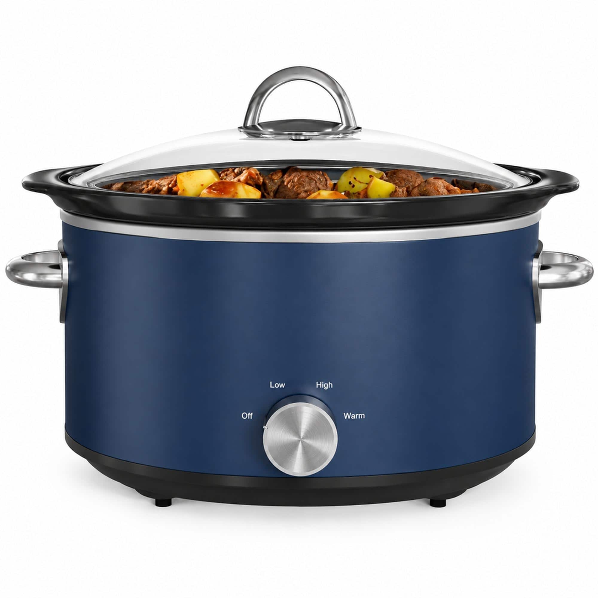 RYHNUYNE - 4 Quart Slow Cooker, Mini Food Warmer, 3 Heating Settings, Removable Ceramic Pot, Dishwasher Safe Glass Lid, Stainless - Blue