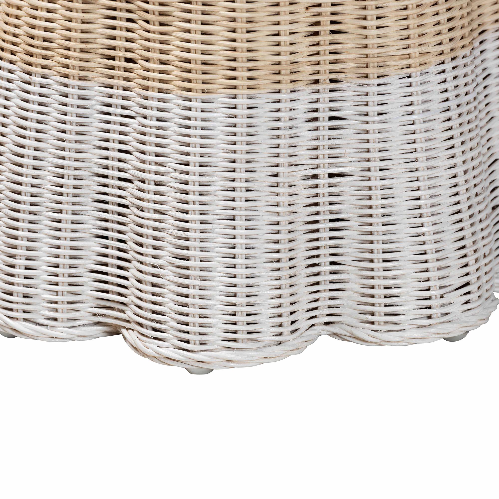 Left. bali & pari - bali & pari Sarna Natural Rattan End Table - Handwoven Wicker Accent Table with Scalloped Base and Two-Tone Finish - Natural Brown/White.