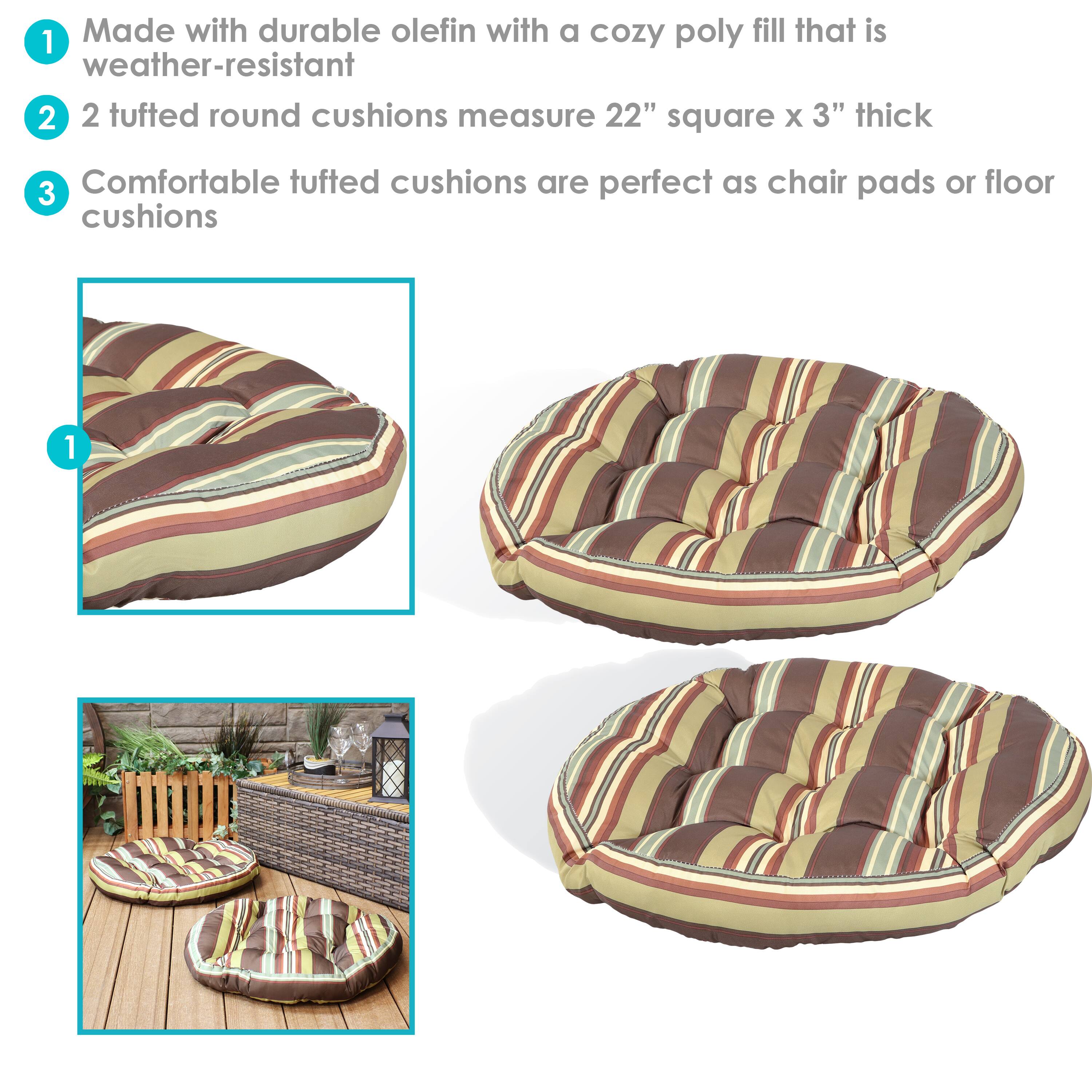 1. Made with durable olefin with a cozy poly fill that is weather-resistant

2. 2 tufted round cushions measure 22" square x 3" thick

3. Comfortable tufted cushions are perfect as chair pads or floor cushions