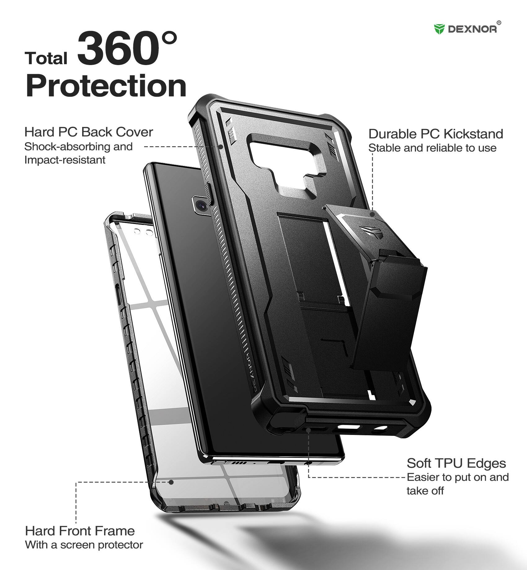 Total 360° Protection

- Hard PC Back Cover
  - Shock-absorbing and Impact-resistant

- Durable PC Kickstand
  - Stable and reliable to use

- Soft TPU Edges
  - Easier to put on and take off

- Hard Front Frame
  - With a screen protector