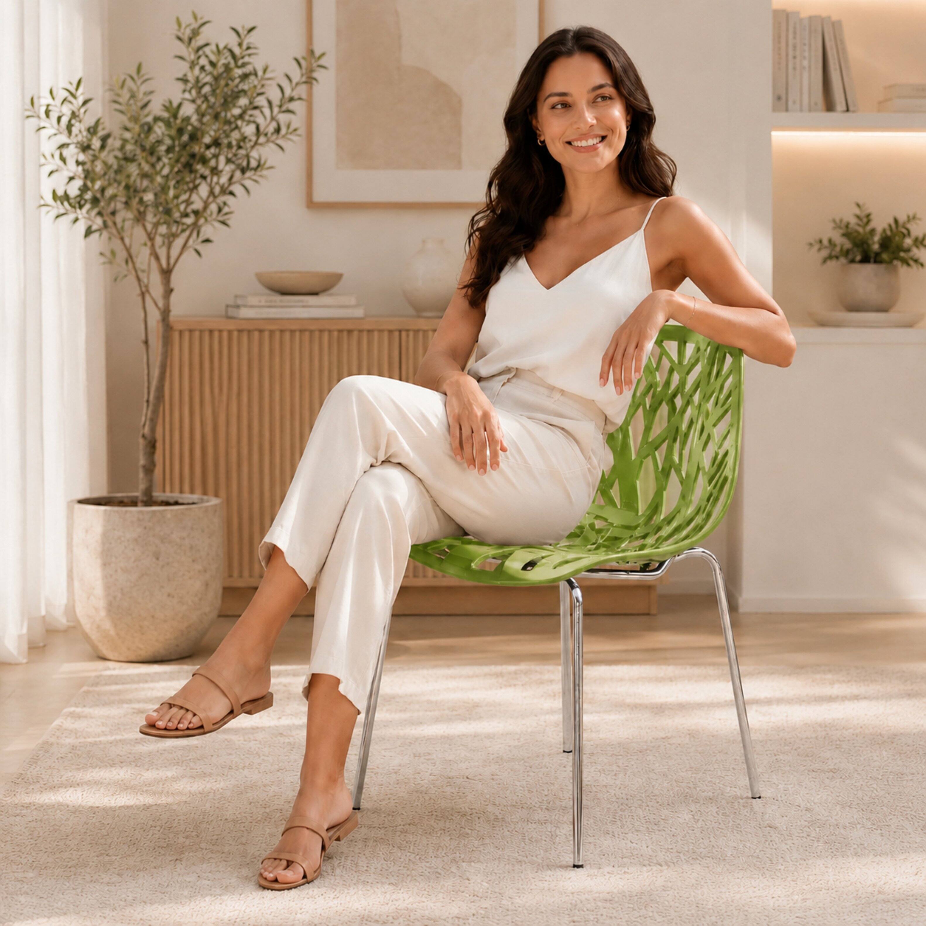 Left. LeisureMod - Asbury Set of 2 Modern Stackable Dining Chair with Chrome Steel Legs and Cut Out Design for Indoor Outdoor - Green.