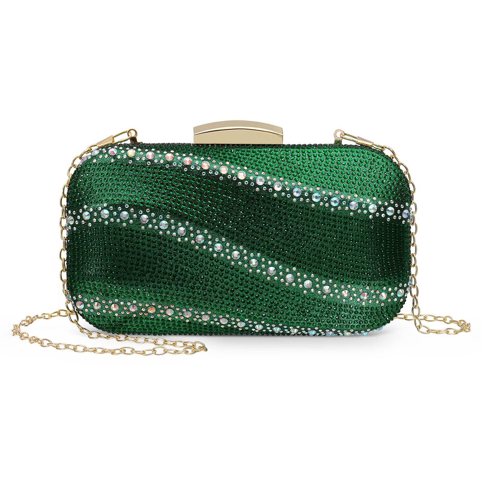 Front. Unique Bargains - Crystal Rhinestones Evening Bag Clutch Purse for Women, Sequin Sparkly Wedding Handbag for Bride Party - Green.