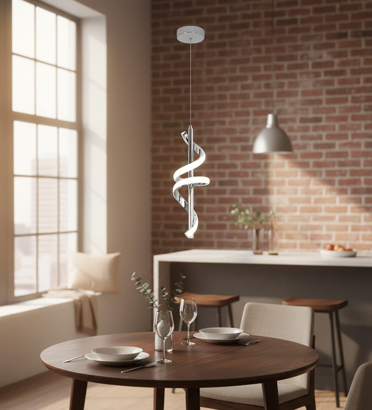 Alt View 4. FINEAK - Spiral LED Pendant Light Fixtures - 5500K Cold White, Modern Adjustable Height Hanging Lights.