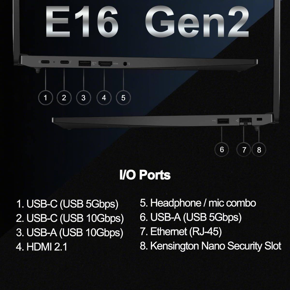 E16 Gen2

I/O Ports

1. USB-C (USB 5Gbps)
2. USB-C (USB 10Gbps)
3. USB-A (USB 10Gbps)
4. HDMI 2.1
5. Headphone / mic combo
6. USB-A (USB 5Gbps)
7. Ethernet (RJ-45)
8. Kensington Nano Security Slot
