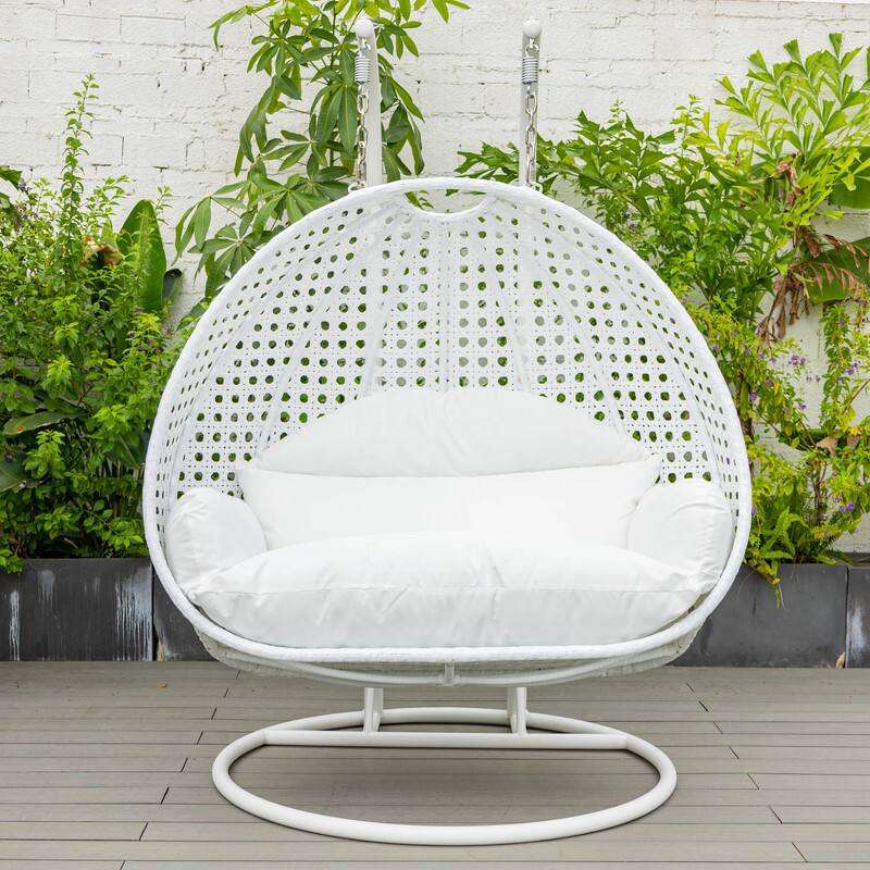 Back. LeisureMod - Leisuremod Modern 2-Person Outdoor Egg Swing White Wicker Chair with Stand, Plush Washable Cushions & Waterproof Cover - White.