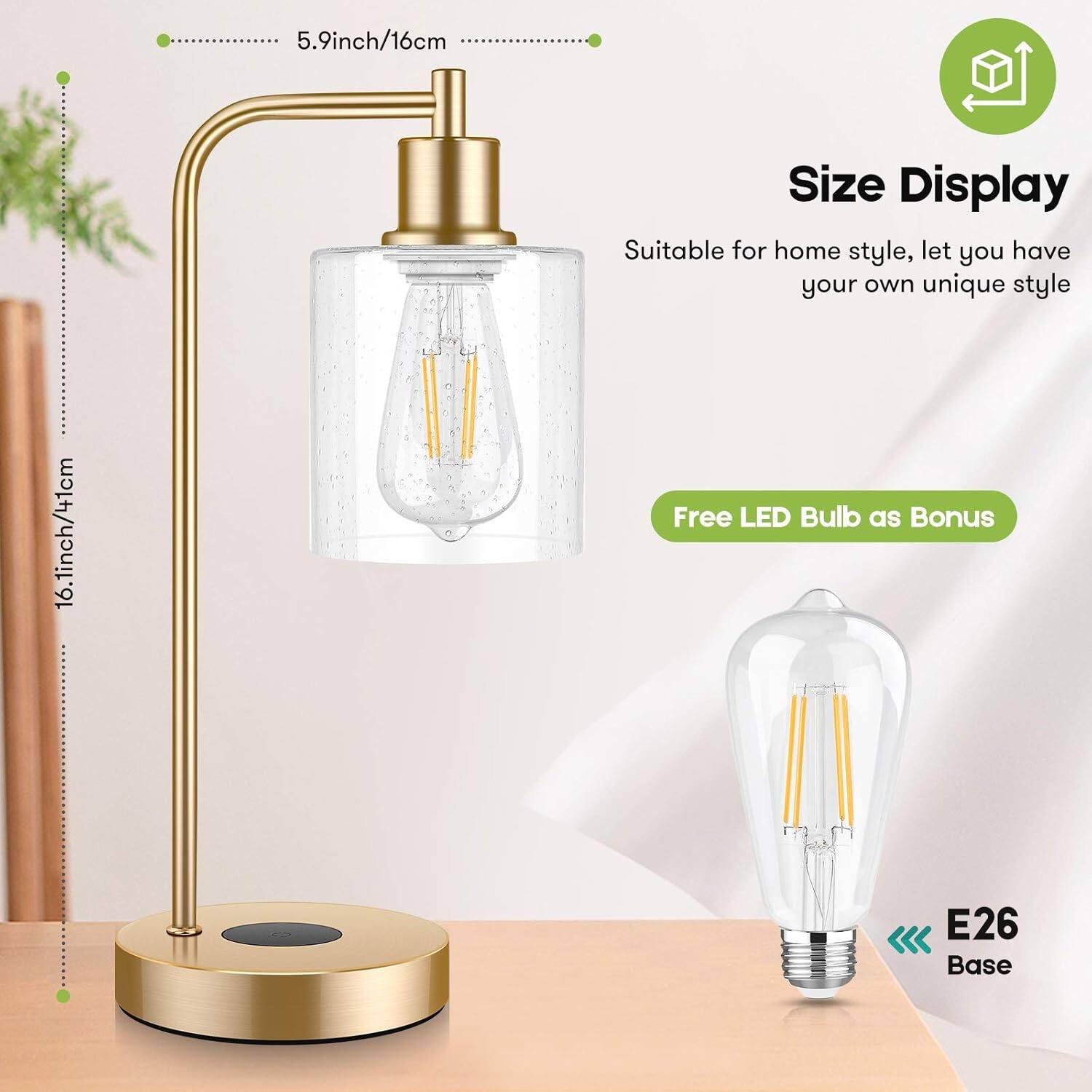 5.9inch/16cm Size Display Suitable for home style, let you have your own unique style 16.1inch/41cm Free LED Bulb as Bonus E26 Base