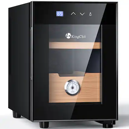 Front. KingChii - 16L Cigar Humidor Storage Cabinet with Temperature Control, Spanish Cedar Shelves and Hygrometer(100 Capacity) - Black.