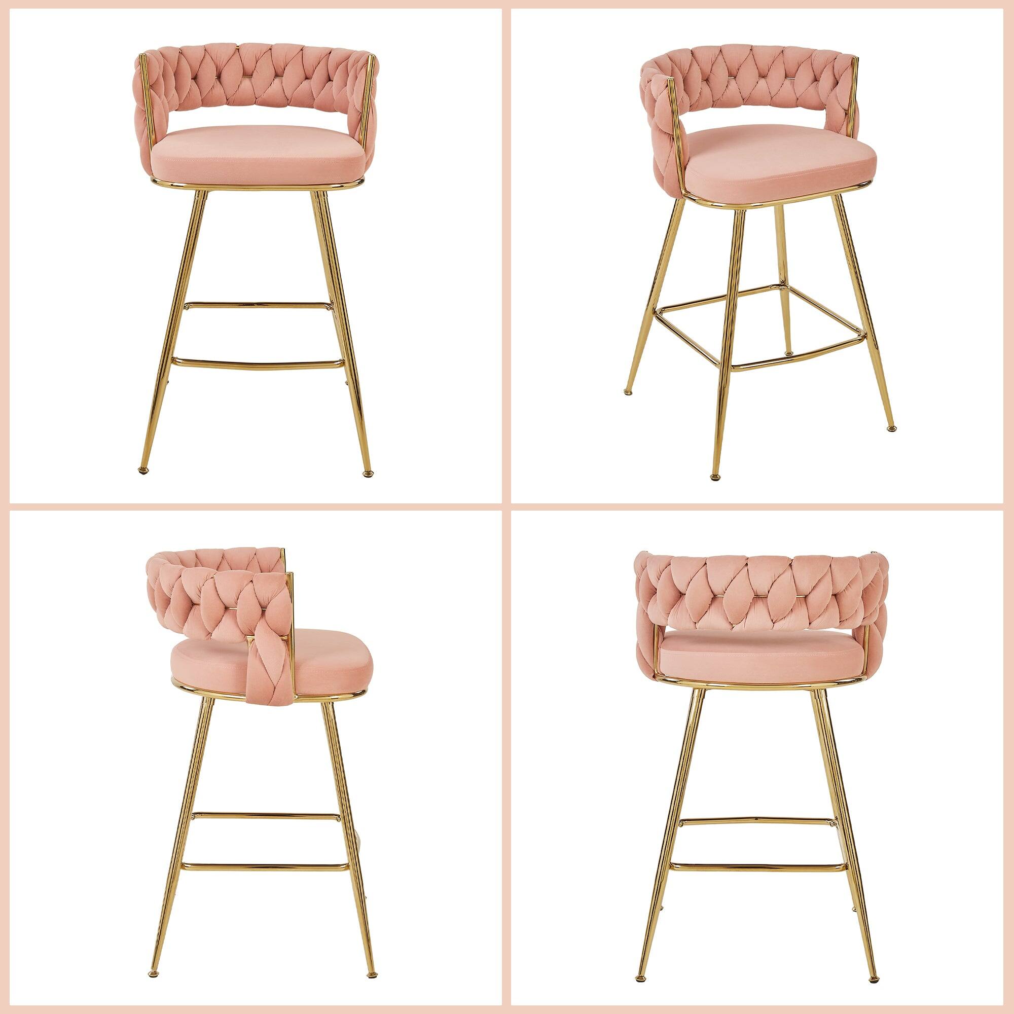 Alt View 1. Vecelo - Set of 2 Pink PU Leather Bar Stool with Electroplated Metal Frame – 34-Inch Tall Bar Chair with Footrest - Pink.