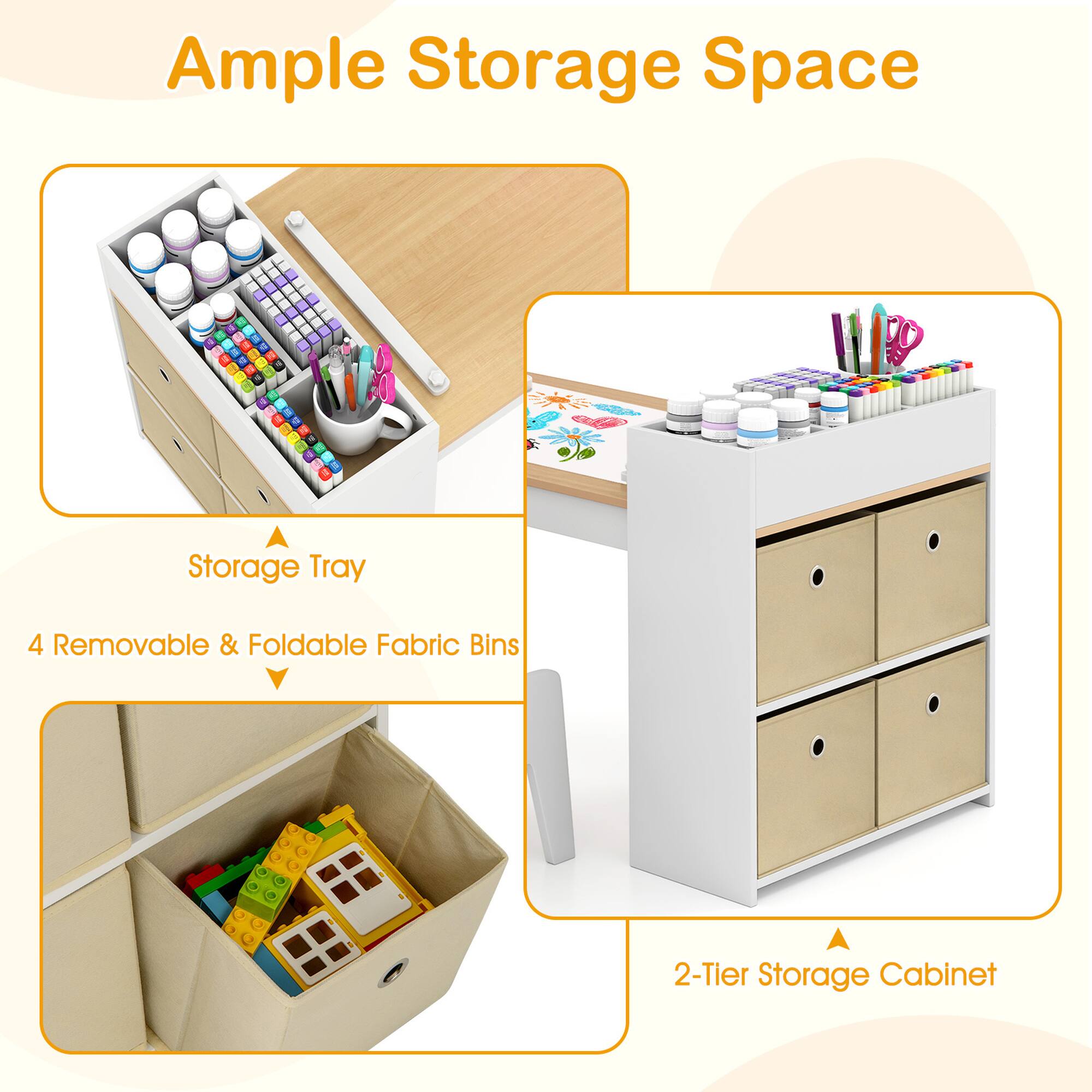 Ample Storage Space - a 4-tier storage cabinet with 4 removable & foldable fabric bins and a 4-tier storage tray.
