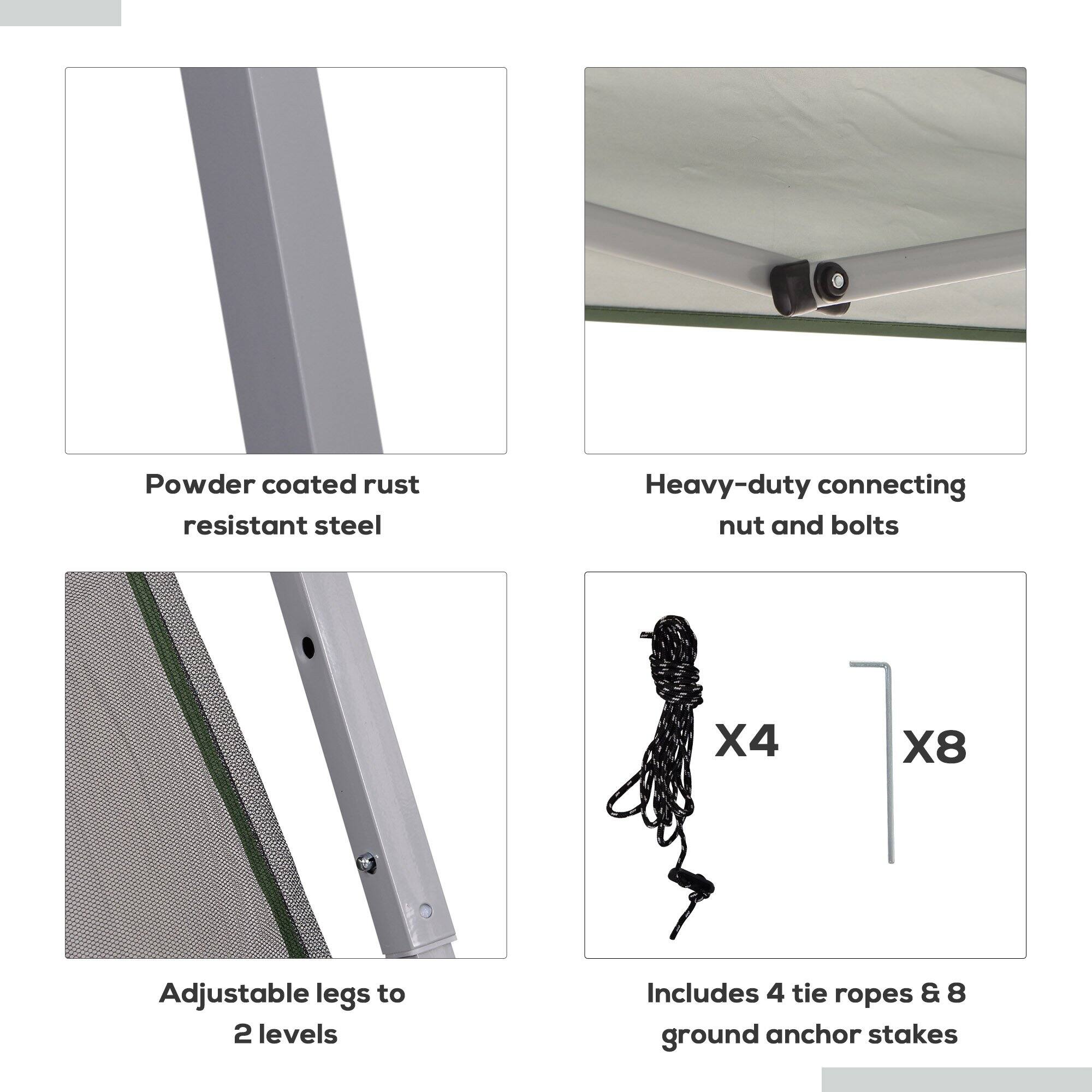 Powder coated rust resistant steel, Heavy-duty connecting nut and bolts, Adjustable legs to 2 levels, Includes 4 tie ropes & 8 ground anchor stakes