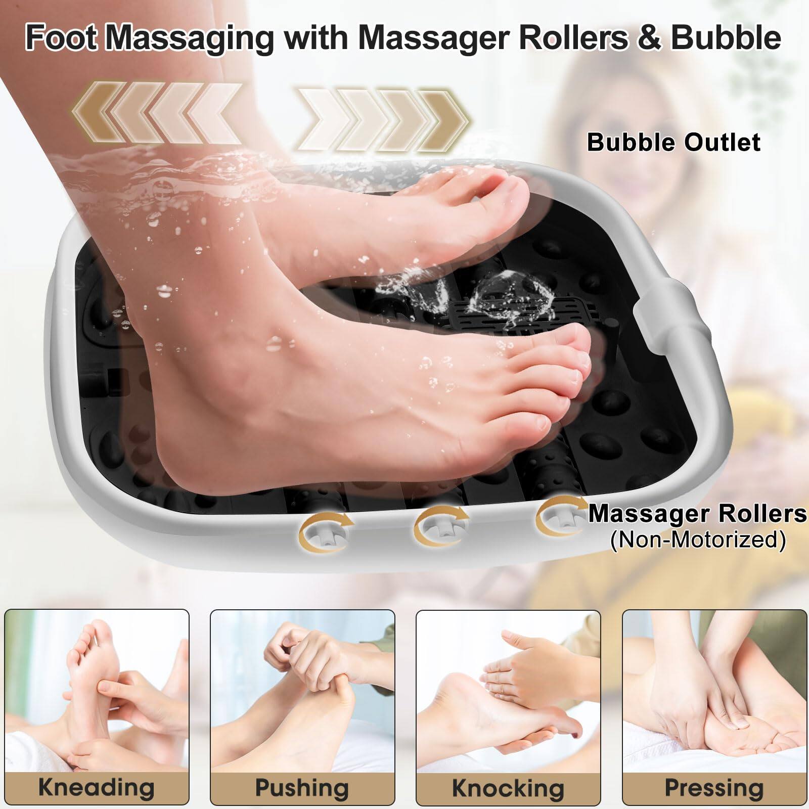 Foot Massaging with Massager Rollers & Bubble

Bubble Outlet

Massager Rollers (Non-Motorized)

Kneading

Pushing

Knocking

Pressing