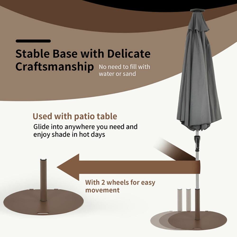 Stable Base with Delicate Craftsmanship  
No need to fill with water or sand  

Used with patio table  
Glide into anywhere you need and enjoy shade in hot days  

With 2 wheels for easy movement